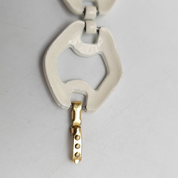 Vintage Off White Enamel Geometric Link Bracelet With Gold Tone Clasp - Picture 4 of 6